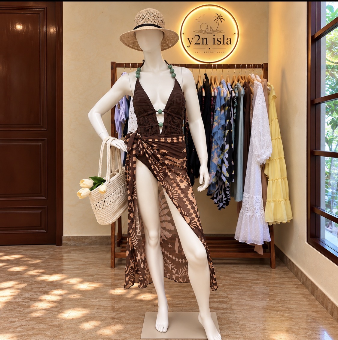 Brown Beaded Ruched Swimwear Set